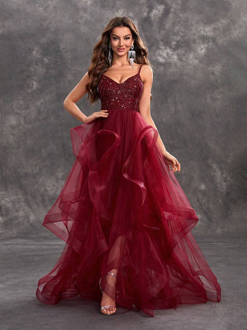 Giffniseti Women's Sparkling Spaghetti Strap Glittery Mesh Party Dress With Multilayered Tulle Skirt For Evening Prom