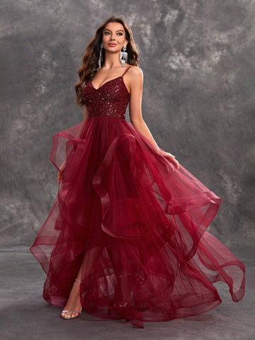 Giffniseti Women's Sparkling Spaghetti Strap Glittery Mesh Party Dress With Multilayered Tulle Skirt For Evening Prom