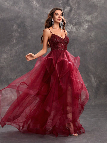 Giffniseti Women's Sparkling Spaghetti Strap Glittery Mesh Party Dress With Multilayered Tulle Skirt For Evening Prom