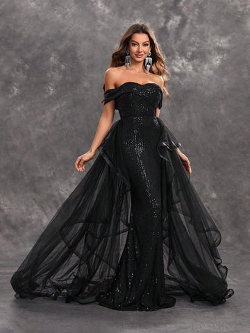 Giffniseti Women's Sparkly Cross Front Mesh Decorated Off Shoulder Evening Dress For Dance Party