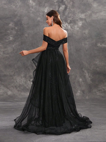 Giffniseti Women's Sparkly Cross Front Mesh Decorated Off Shoulder Evening Dress For Dance Party