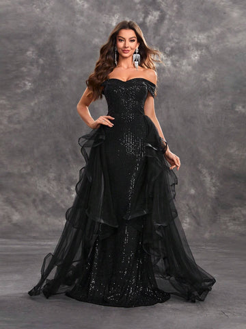 Giffniseti Women's Sparkly Cross Front Mesh Decorated Off Shoulder Evening Dress For Dance Party