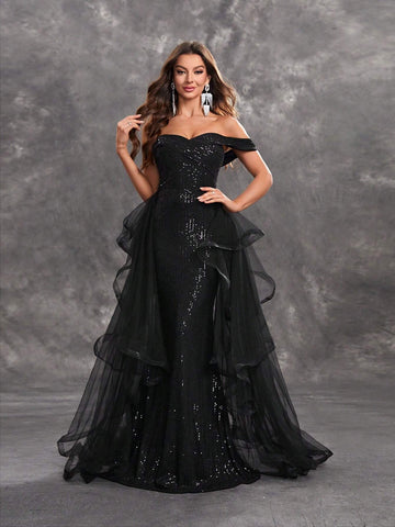 Giffniseti Women's Sparkly Cross Front Mesh Decorated Off Shoulder Evening Dress For Dance Party