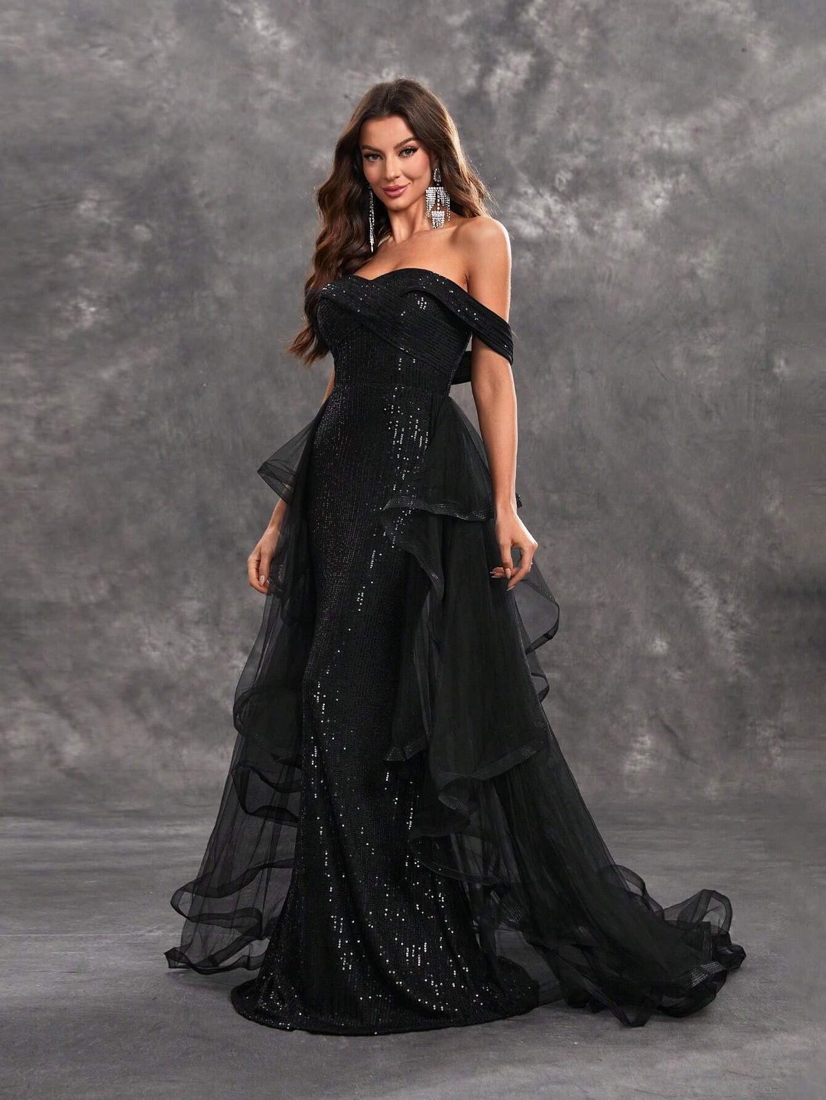 Giffniseti Women's Sparkly Cross Front Mesh Decorated Off Shoulder Evening Dress For Dance Party