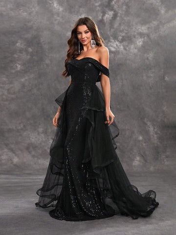 Giffniseti Women's Sparkly Cross Front Mesh Decorated Off Shoulder Evening Dress For Dance Party