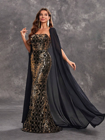 Giffniseti Women's Strapless Sequin Formal Evening Party Dress With Cape