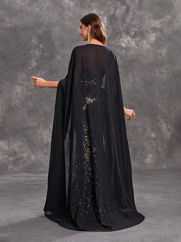Giffniseti Women's Strapless Sequin Formal Evening Party Dress With Cape
