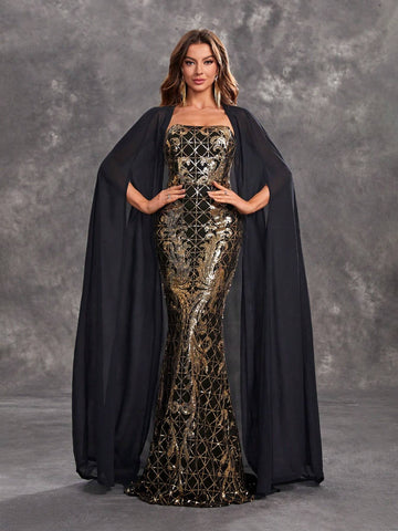 Giffniseti Women's Strapless Sequin Formal Evening Party Dress With Cape
