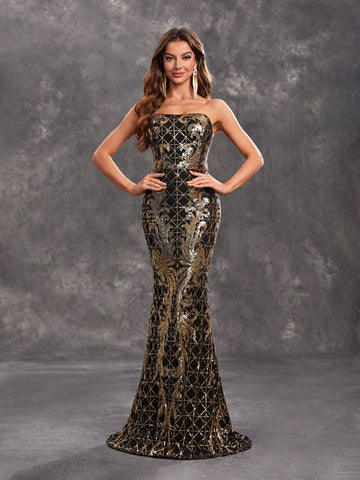 Giffniseti Women's Strapless Sequin Formal Evening Party Dress With Cape