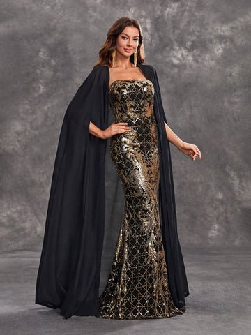 Giffniseti Women's Strapless Sequin Formal Evening Party Dress With Cape
