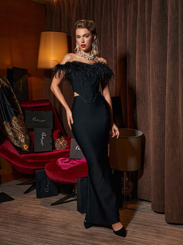 Gillian Feather Bandage Skirt Set In Black