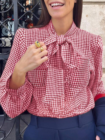 Gingham Print Tie Neck Long Sleeves Elegant Blouse