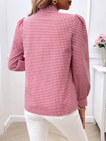 Gingham Print Tie Neck Long Sleeves Elegant Blouse