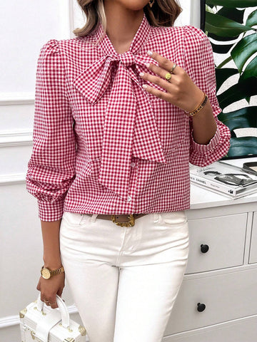 Gingham Print Tie Neck Long Sleeves Elegant Blouse