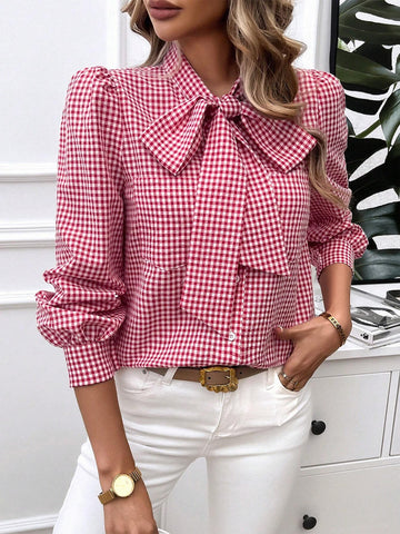 Gingham Print Tie Neck Long Sleeves Elegant Blouse