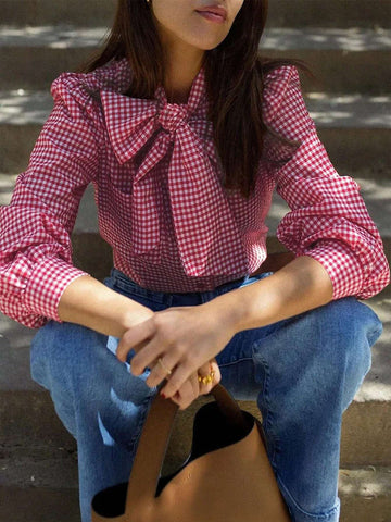 Gingham Print Tie Neck Long Sleeves Elegant Blouse