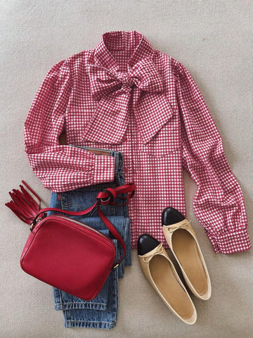 Gingham Print Tie Neck Long Sleeves Elegant Blouse