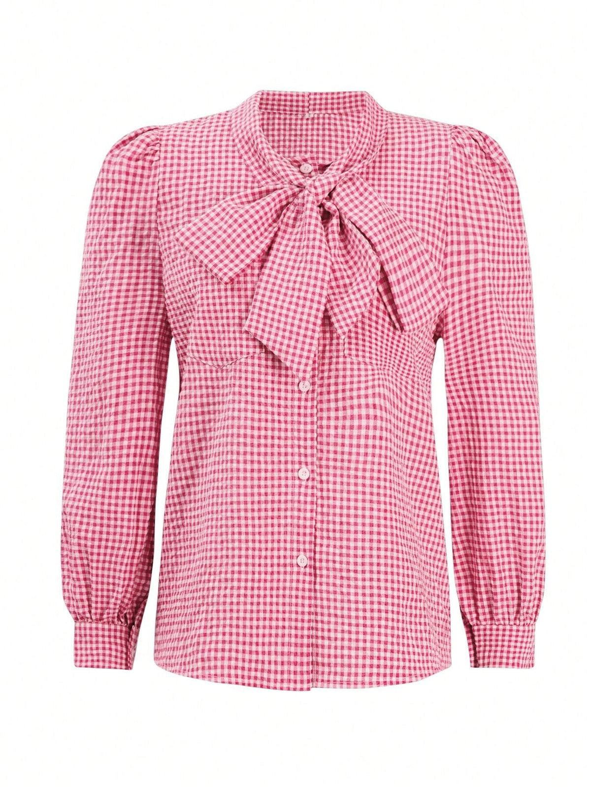 Gingham Print Tie Neck Long Sleeves Elegant Blouse