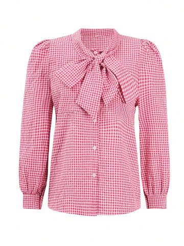 Gingham Print Tie Neck Long Sleeves Elegant Blouse