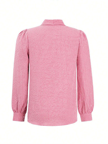 Gingham Print Tie Neck Long Sleeves Elegant Blouse