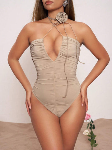 Giorgia De Gregorio Floral Pleated Slim Fit Halterneck Bodysuit