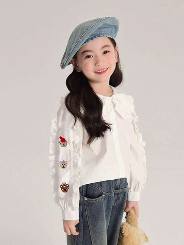 Girl 2024 Spring & Autumn Floral Embroidered Ruffled Collar Long Sleeve Casual Chic Blouse For Toddler