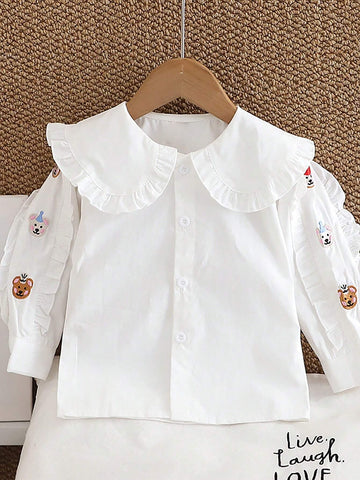 Girl 2024 Spring & Autumn Floral Embroidered Ruffled Collar Long Sleeve Casual Chic Blouse For Toddler