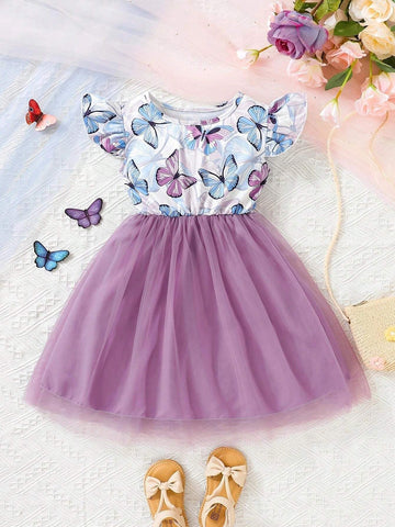 Girl Butterfly Print Mesh Hem Ruffle Edge Dress