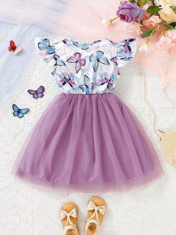 Girl Butterfly Print Mesh Hem Ruffle Edge Dress