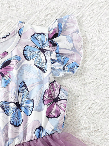 Girl Butterfly Print Mesh Hem Ruffle Edge Dress