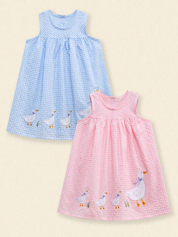 Girl Casual Checkered Woven Fabric Dress 2 Piece Set With Cartoon White Goose Embroidery, Breathable And Fashionable For Summer