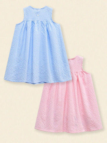 Girl Casual Checkered Woven Fabric Dress 2 Piece Set With Cartoon White Goose Embroidery, Breathable And Fashionable For Summer