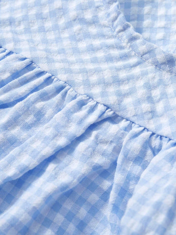 Girl Casual Checkered Woven Fabric Dress 2 Piece Set With Cartoon White Goose Embroidery, Breathable And Fashionable For Summer