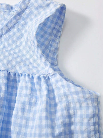 Girl Casual Checkered Woven Fabric Dress 2 Piece Set With Cartoon White Goose Embroidery, Breathable And Fashionable For Summer