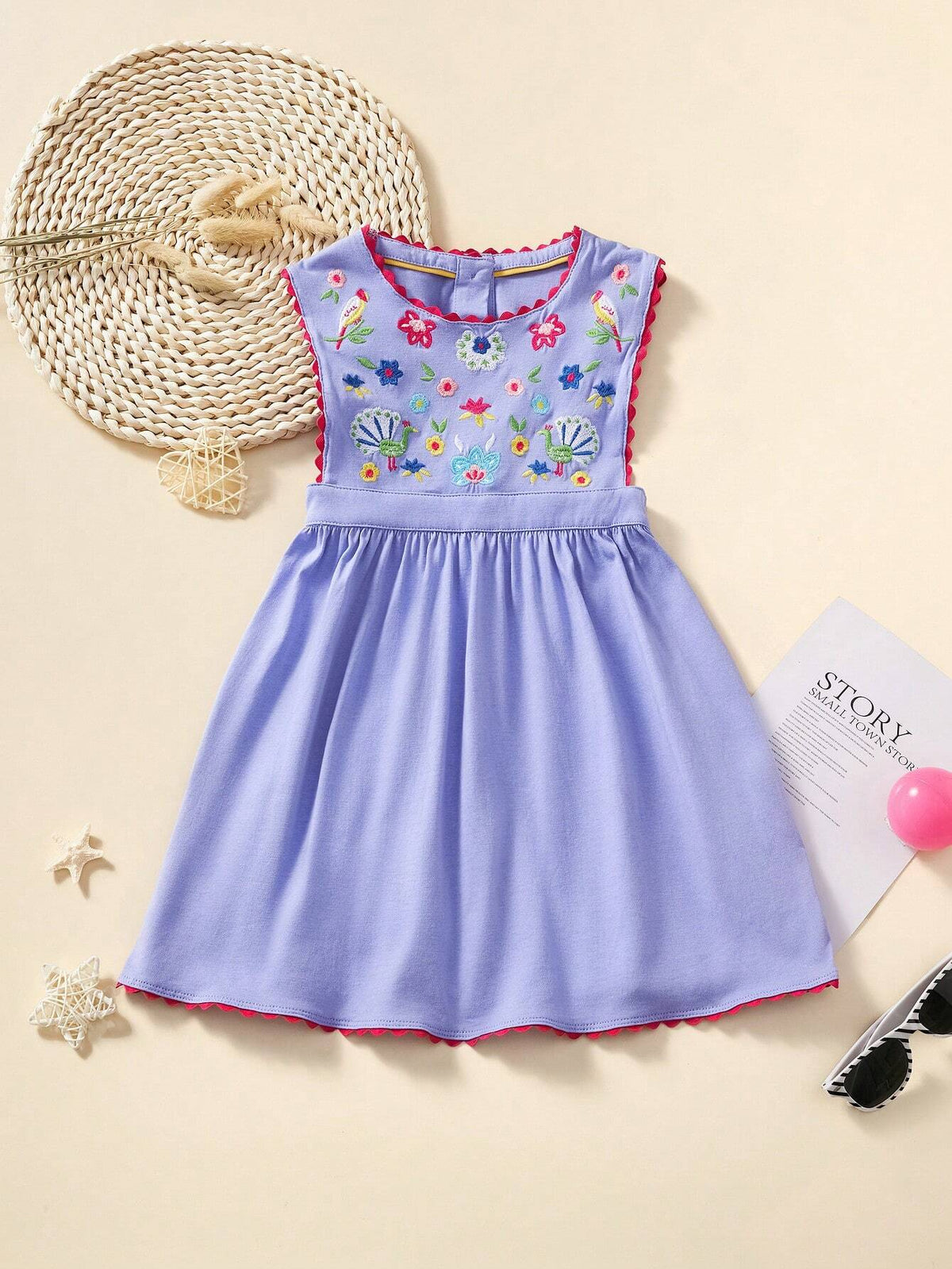 Girl Casual Cotton Sleeveless Dress, Cartoon Floral Embroidery Design, Breathable And Fashionable For Summer