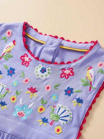 Girl Casual Cotton Sleeveless Dress, Cartoon Floral Embroidery Design, Breathable And Fashionable For Summer