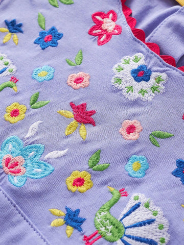 Girl Casual Cotton Sleeveless Dress, Cartoon Floral Embroidery Design, Breathable And Fashionable For Summer