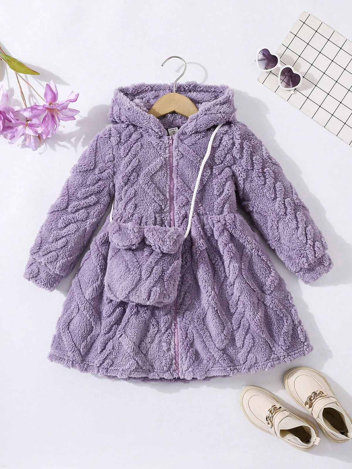 Girl Casual Fleece Reversible Hooded Dress With Crossbody Bag Set