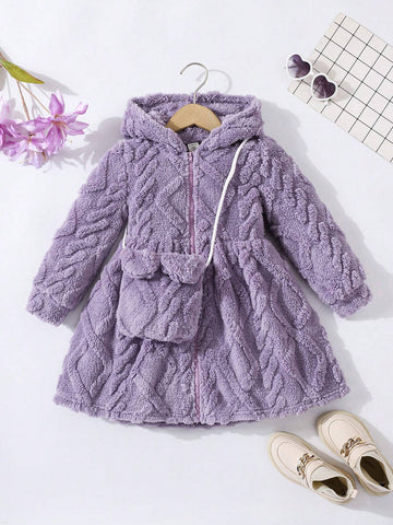 Girl Casual Fleece Reversible Hooded Dress With Crossbody Bag Set
