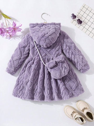 Girl Casual Fleece Reversible Hooded Dress With Crossbody Bag Set