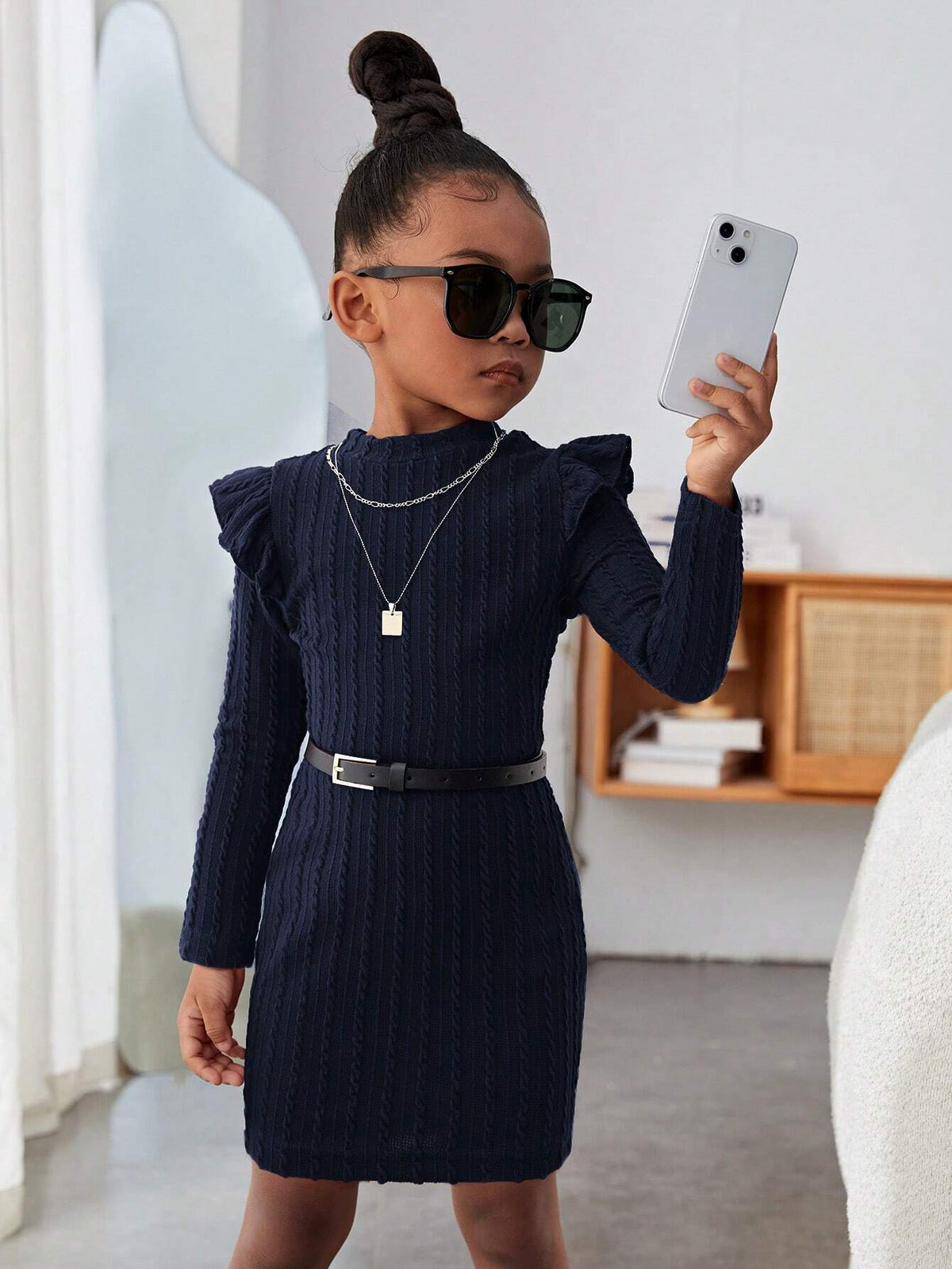 Girl Casual Knit Cap Sleeve Long Sleeve Dress, For Fall Winter Blue