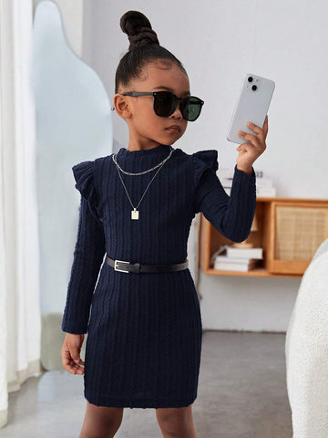 Girl Casual Knit Cap Sleeve Long Sleeve Dress, For Fall Winter Blue