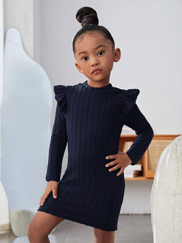 Girl Casual Knit Cap Sleeve Long Sleeve Dress, For Fall Winter Blue