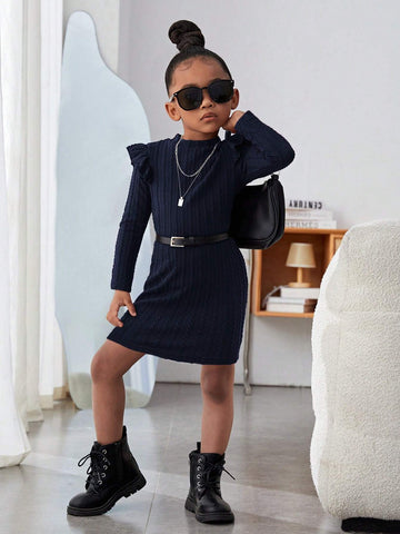 Girl Casual Knit Cap Sleeve Long Sleeve Dress, For Fall Winter Blue