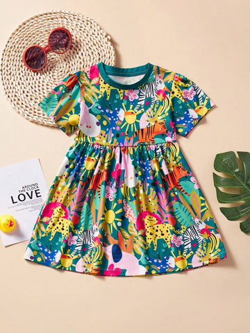 Girl Casual Short Sleeve Dress, Cute Cartoon Animal Print, Breathable, Suitable For Summer Outings