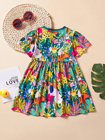Girl Casual Short Sleeve Dress, Cute Cartoon Animal Print, Breathable, Suitable For Summer Outings