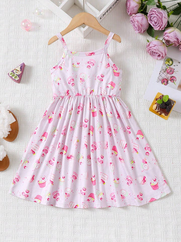 Girl Colorful Cake Print Casual Strappy Dress For Summer
