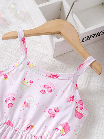 Girl Colorful Cake Print Casual Strappy Dress For Summer