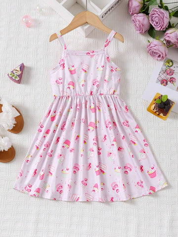 Girl Colorful Cake Print Casual Strappy Dress For Summer