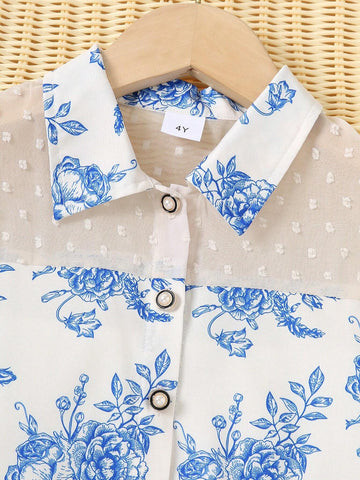 Girl Comfortable Flower Print Short Sleeve Collar Shirt, Summer Gift